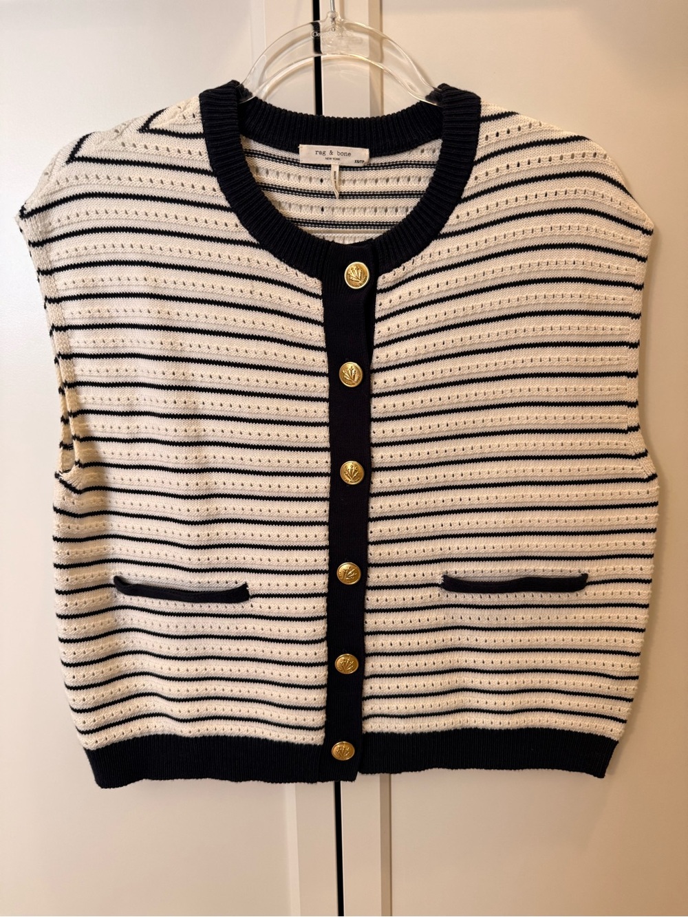 rag & bone Navy and White Striped Knit Vest with Gold Buttons